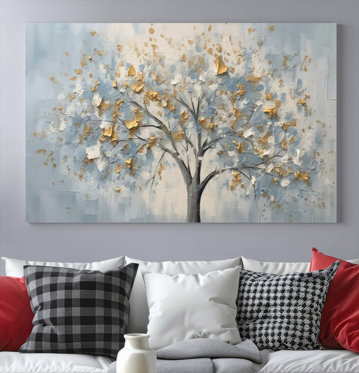 Abstract tree canvas wall art with gold and blue textured leaves, ready to hang in living room or bedroom.