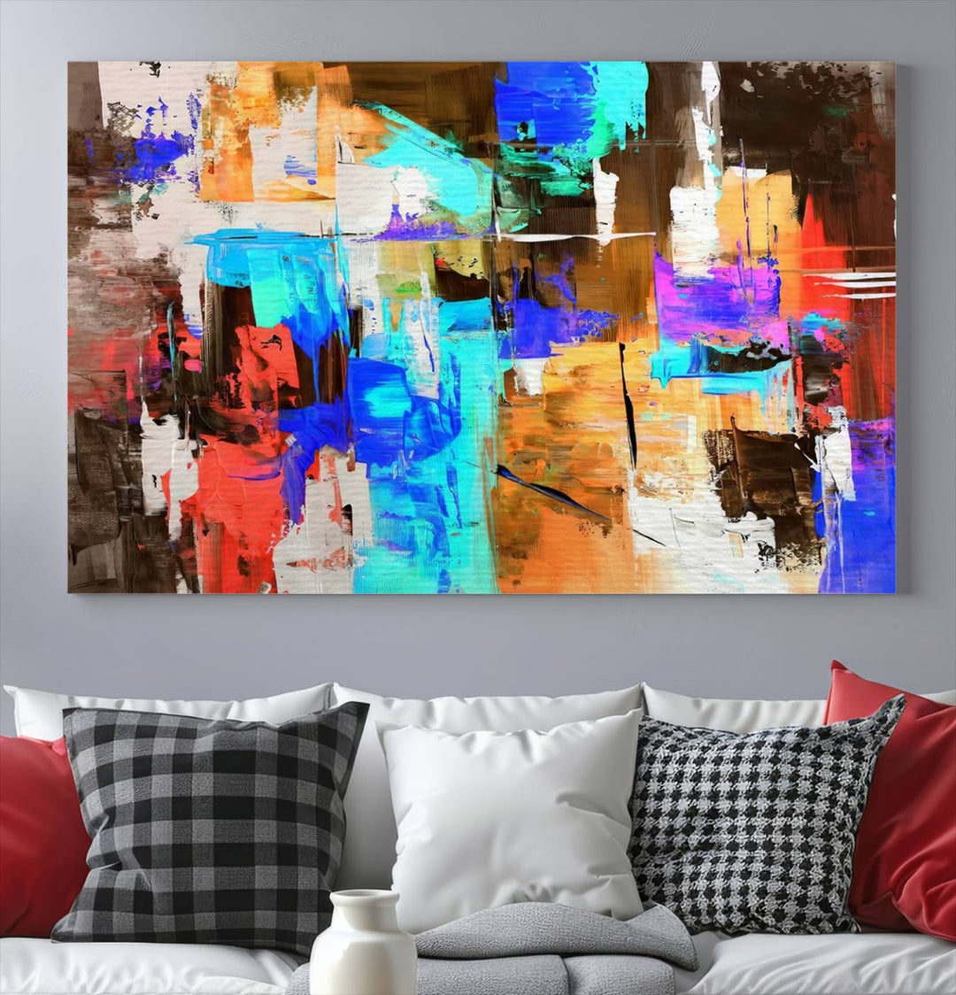 In a modern living room, the "Colorful Abstract Wall Art Canvas Print" serves as a stunning triptych centerpiece on museum-quality canvas, ready to hang. Its UV-protective coating ensures enduring vibrancy.