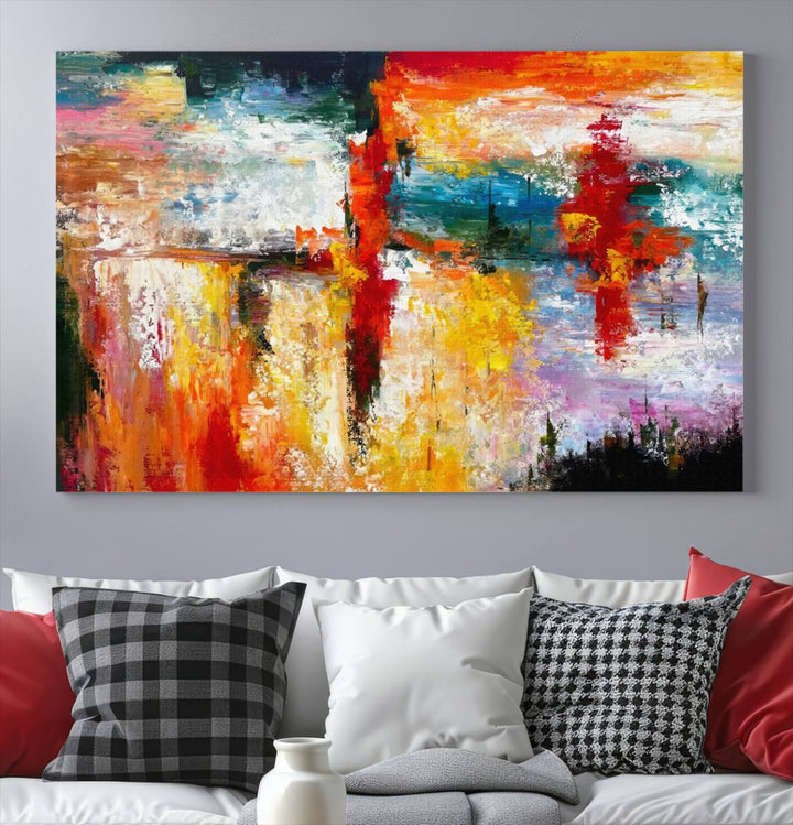 A Colorful Abstract Wall Art Canvas Print graces the wall, making this ready-to-hang masterpiece, complete with UV-protective coating, perfect for elevating any space with its vibrant allure.