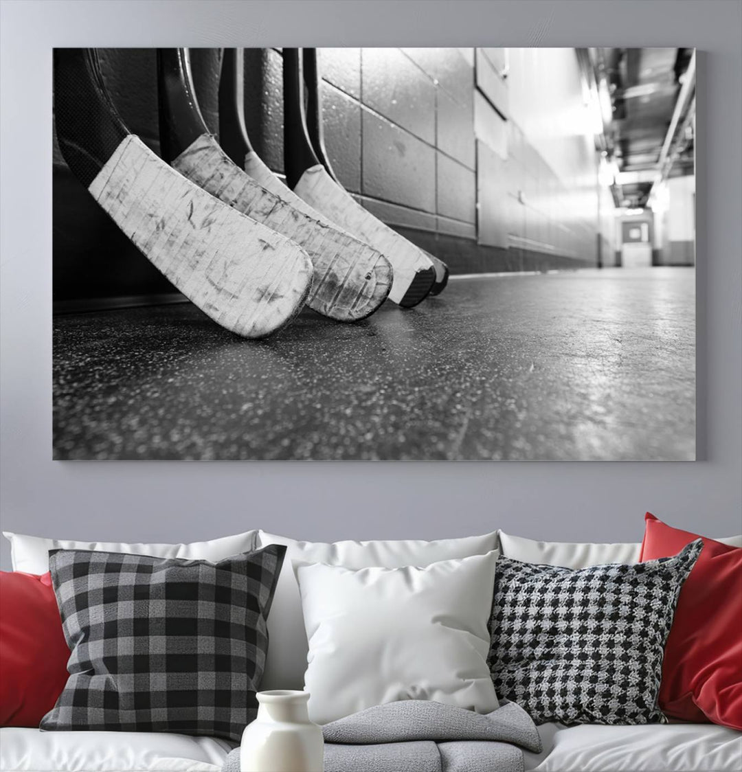 A living room featuring a large Ice Hockey Wall Art Canvas Print on gallery-wrapped canvas.