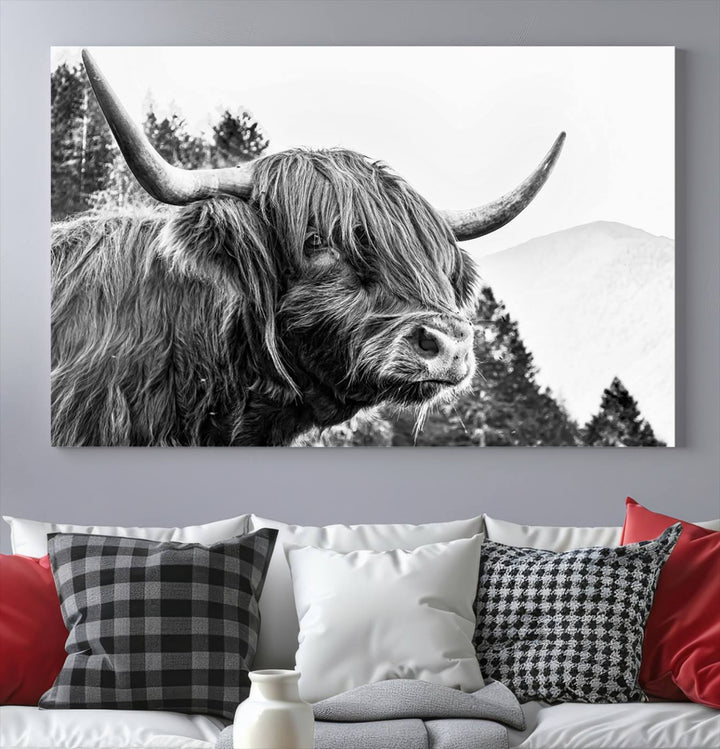 The Scottish Longhorn Wall Art Canvas Print features a highland cow with long horns and shaggy hair displayed on a museum-quality canvas. Equipped with a UV-protective coating for durability, it's ready to hang and enjoy for years to come.