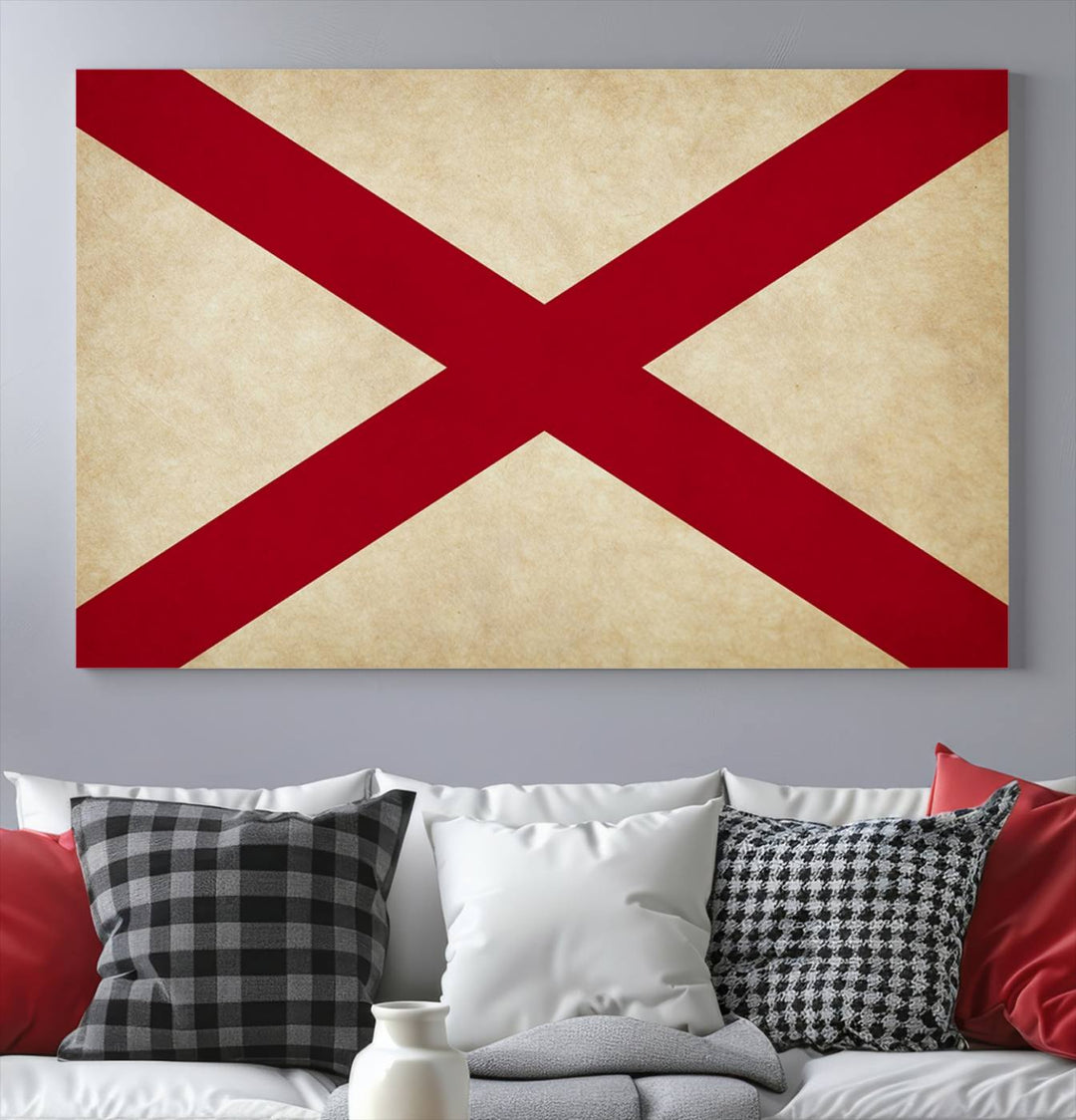 The USA Alabama States Flag Wall Art, featuring a red diagonal cross on a cream background, is elegantly displayed on museum-quality canvas with a UV-protective coating.