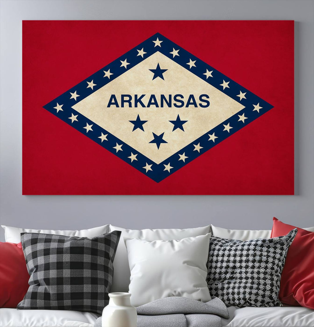 The Arkansas Flag Wall Art Canvas Print is displayed on gallery-wrapped, museum-quality canvases. Its vibrant colors are preserved by a UV-protective coating, ensuring long-lasting brilliance in your living space.