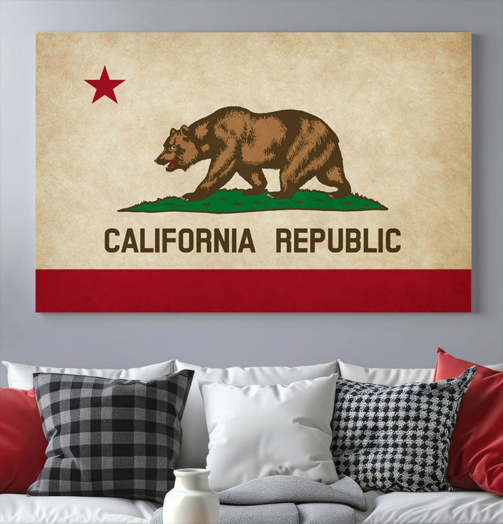 The Calinia States Flag Wall Art Canvas Print, featuring a bear and star design reminiscent of the California Republic flag, is crafted on museum-quality polycotton canvas with a UV-protective coating and is proudly made in the USA.