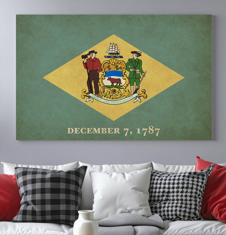 The Delaware States Flag Wall Art Canvas Print, featuring museum-quality material and a UV-protective coating, hangs elegantly, ready to be admired.