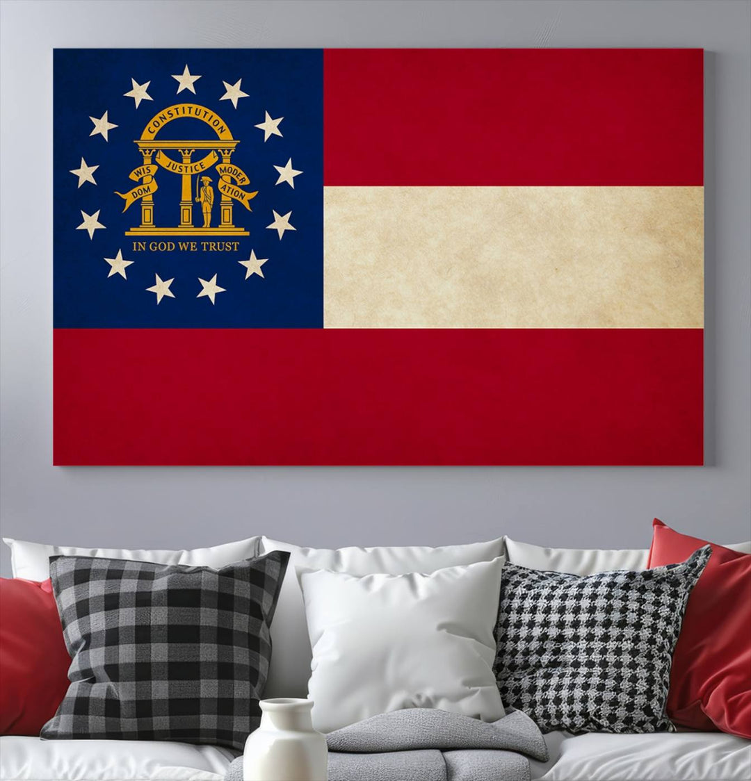 The Georgia States Flag Wall Art Canvas Print, coated with UV protection to preserve its vibrant colors, hangs on the wall.