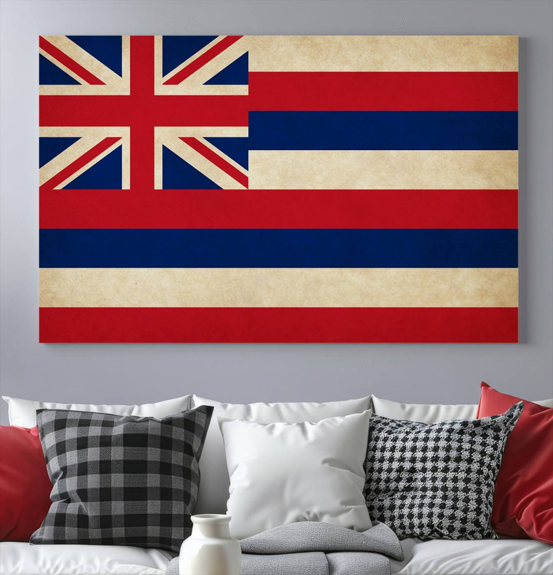 A stunning piece titled "Hawaii USA States Flag Wall Art Canvas Print" adorns the wall. This gallery-wrapped artwork is printed on museum-quality canvas and features a UV-protective coating, ensuring its vibrant colors remain timelessly beautiful.