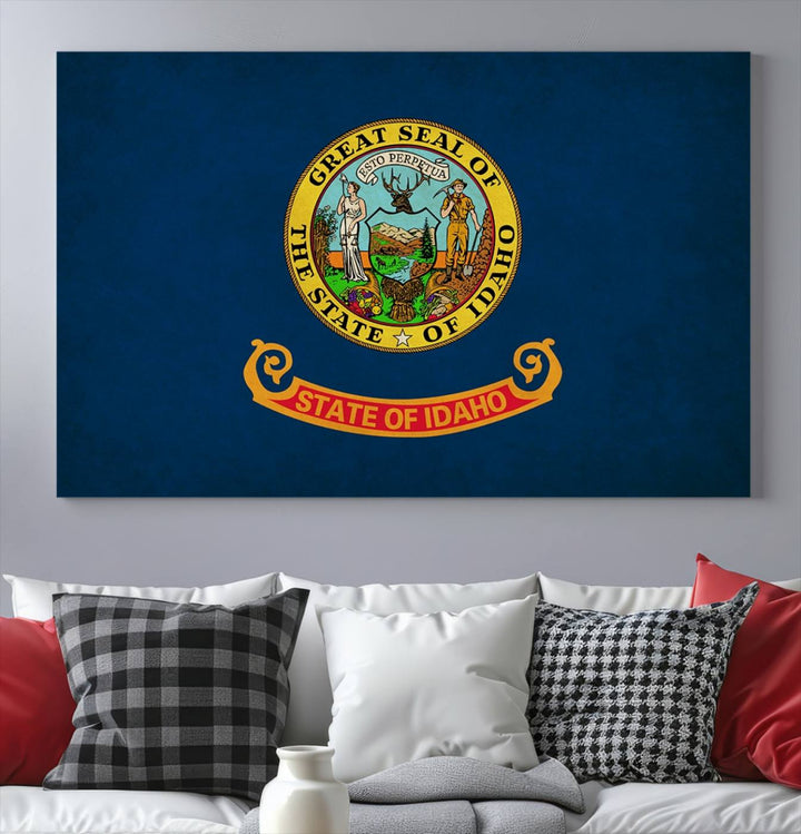 The Idaho USA States Flag Wall Art Canvas Print, featuring a UV-protective coating for lasting vibrancy, is ready to hang.