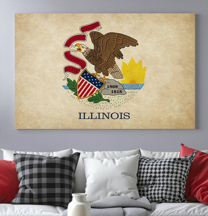 The Illinois State Flag Wall Art Canvas Print, crafted on museum-quality canvas with a UV-protective coating, is displayed prominently.