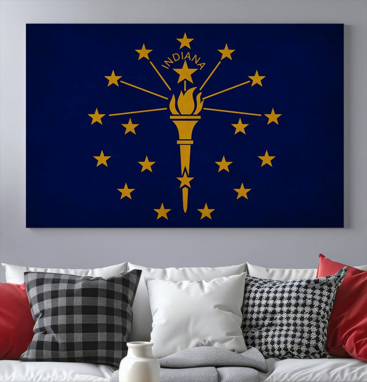 The Indiana States Flag Wall Art Canvas Print, featuring museum-quality canvas with a UV-protective coating, adorns the wall and brings an elegant and charming touch to your living space. Ready to hang, this piece becomes a standout feature in any room.