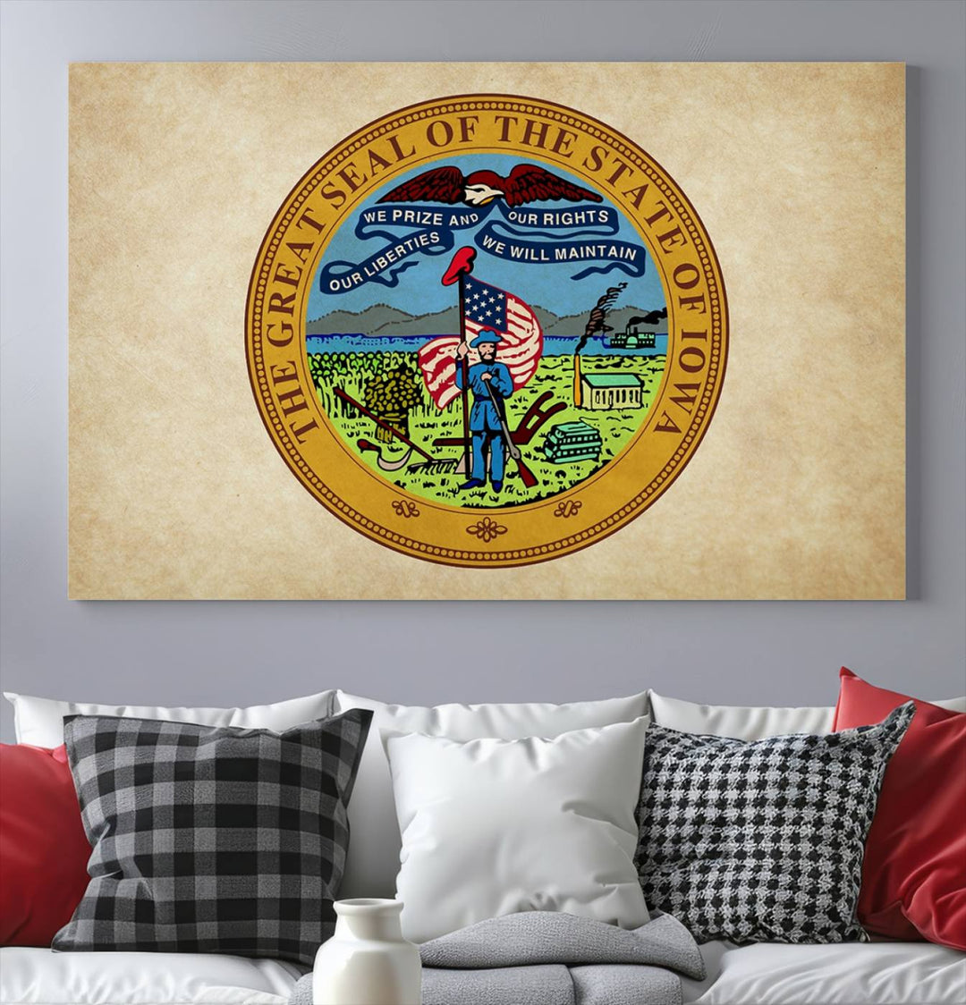 The Iowa USA States Flag Wall Art Canvas Print, beautifully hand-assembled in a framed, museum-quality canvas, is displayed on the wall.