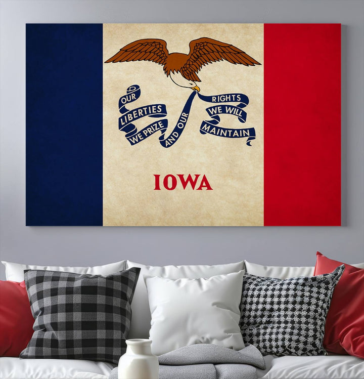 A beautiful Iowa States Flag Wall Art enhances the area, made on museum-quality canvas and boasting a gallery-wrapped design for enduring elegance.