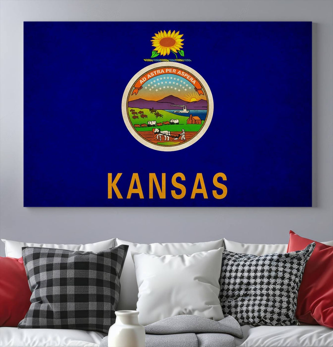 The "Kansas USA States Flag Wall Art Canvas Print" is prominently displayed.