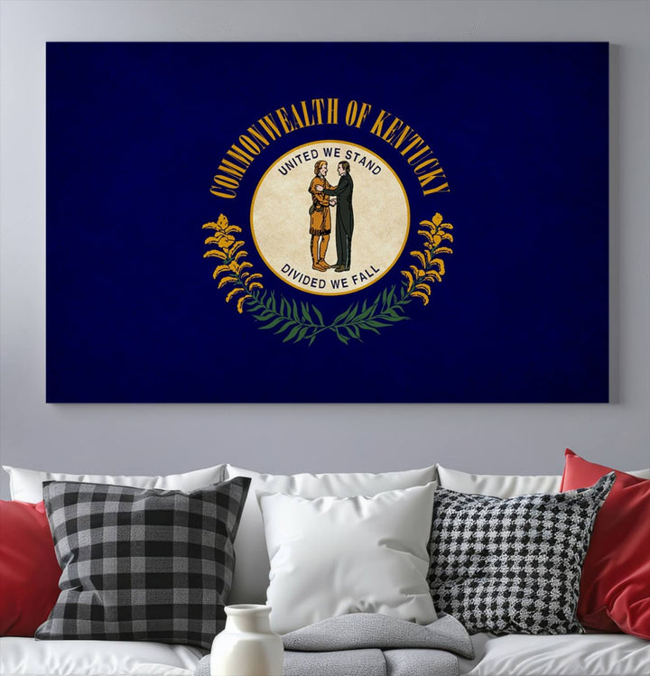 A museum-quality canvas of the Kentucky State Flag Wall Art graces the wall, featuring a UV-protective coating to maintain its vivid colors. Benefit from free shipping on this impressive home decor piece.