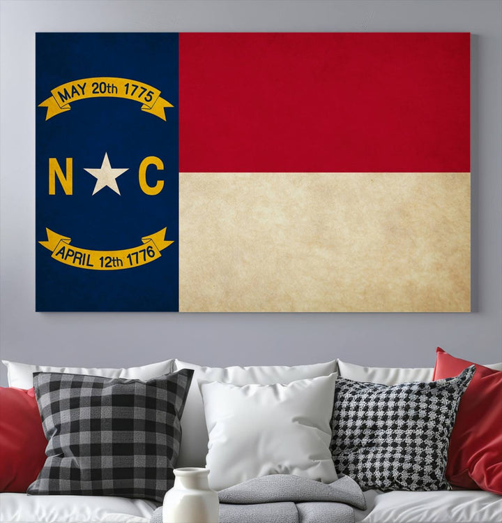 A museum-quality North Carolina State Flag Wall Art Canvas Print graces the wall, adding charm and character to any living space. Enjoy free shipping on this timeless piece.