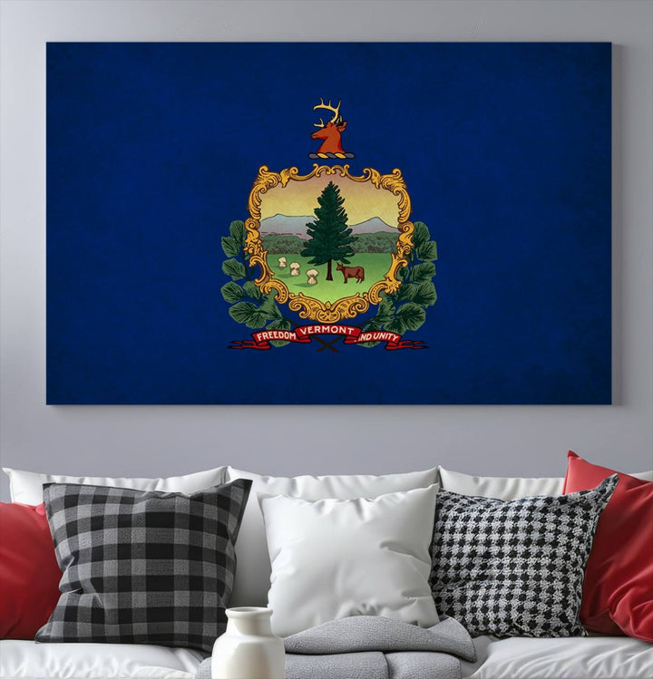 The Vermont Flag Wall Art Canvas Print is a museum-quality piece enhanced with UV-protective finishes, offering both style and durability. Enjoy free shipping on this classic decor addition.