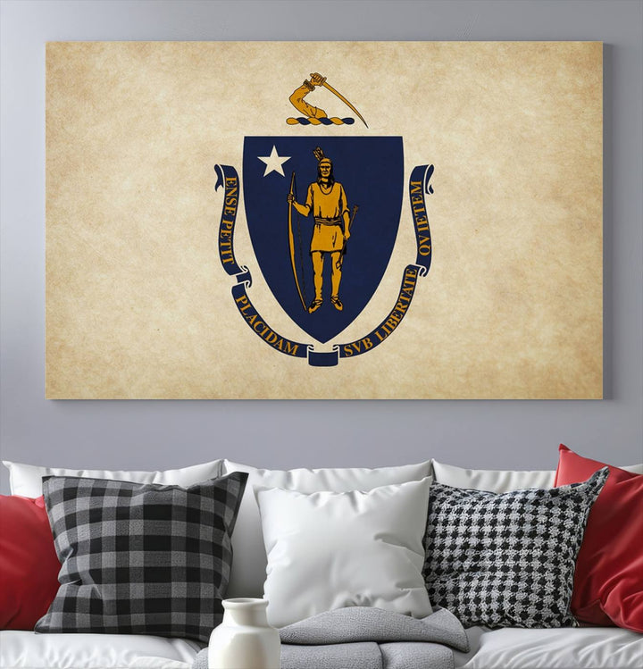 The Massachusetts State of Flag Wall Art Canvas Print, handcrafted on a museum-quality canvas with UV-protective coating, decorates the wall. It is ready to hang and adds a touch of elegance to the space.