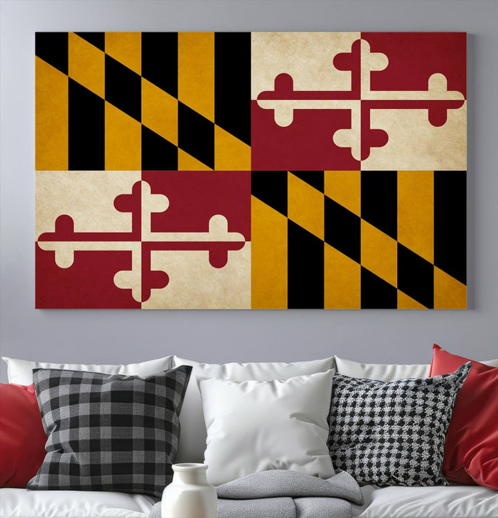 The Maryland Flag Wall Art Canvas Print, boasting a UV-protective coating for vibrant colors and durability, is a museum-quality piece offered with free shipping, making it the perfect addition to your space.