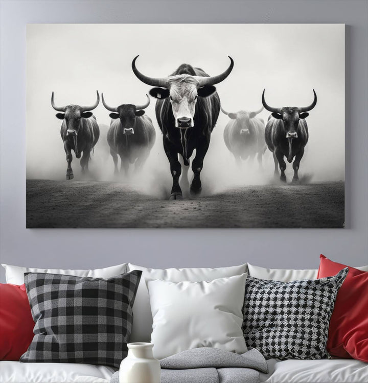 The Texas Longhorn Cow Animal Wall Art Canvas Print beautifully embellishes the area with its depiction of longhorn cattle in a misty setting, seamlessly integrating Western decor into the space.