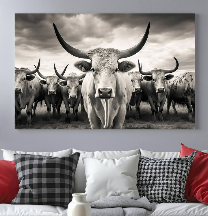 A Texas Longhorn Cow Animal Wall Art Canvas Print introduces a Western-themed accent.