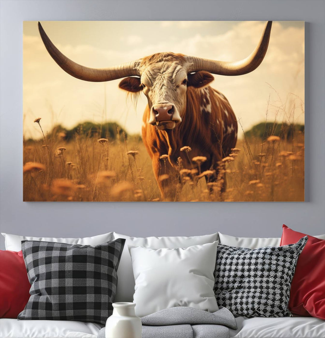 Cow Bighorn Wall Art Canvas Print, Longhorn Texas Cow Animal Canvas Print