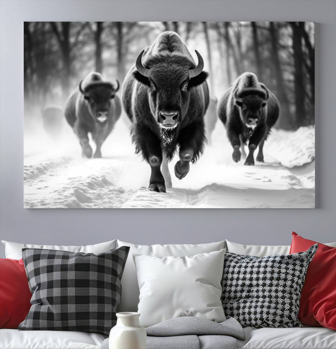 Transform your living room with the Buffalo Wall Art Canvas Print triptych, showcasing a bison family in motion across a snowy landscape. This striking Western decor piece becomes the focal point of any room.