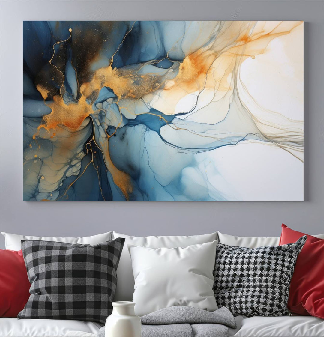 Art mural abstrait bleu marine orange, impression abstraite, impression sur toile abstraite