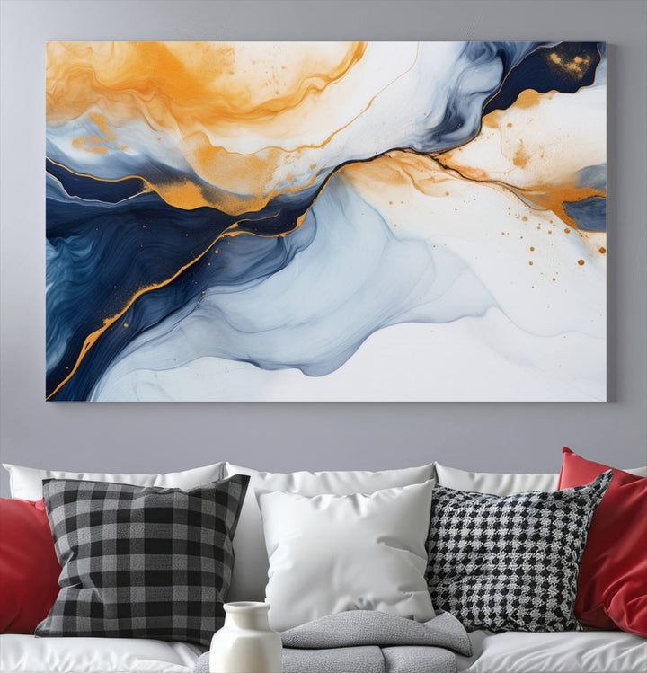 Modern living room featuring the 'Extra Large Orange Navy Blue Abstract Wall Art Canvas Print.'