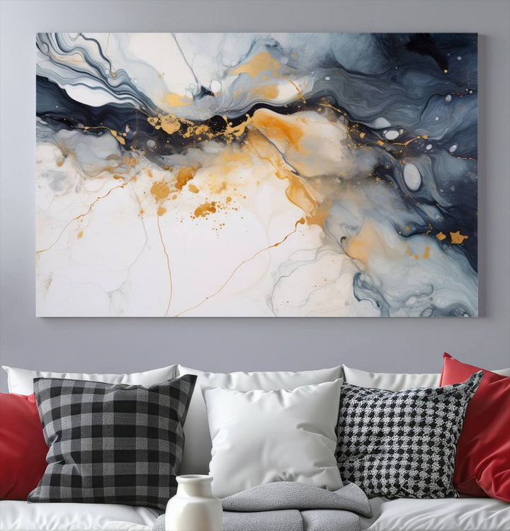 The Dark Blue and Orange Abstract Wall Art, featuring museum-quality canvas with captivating dark and golden swirls, is ready to hang and boasts a UV-protective coating to ensure enduring vibrancy and sophistication.