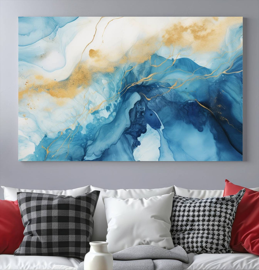 Blue and Gold Abstract Canvas Wall Art Print – Contemporary Fluid Design with Luxe Marble Effect – Ready to Hang