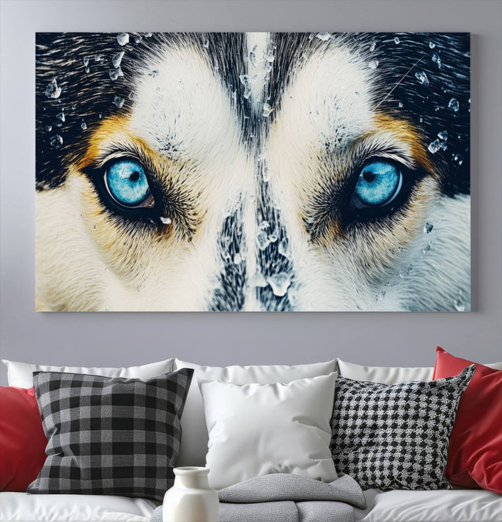 The captivating "Winter Siberian Husky Wolf EYE Wall Art Canvas Print" showcases the striking blue eyes of the animal portrait.