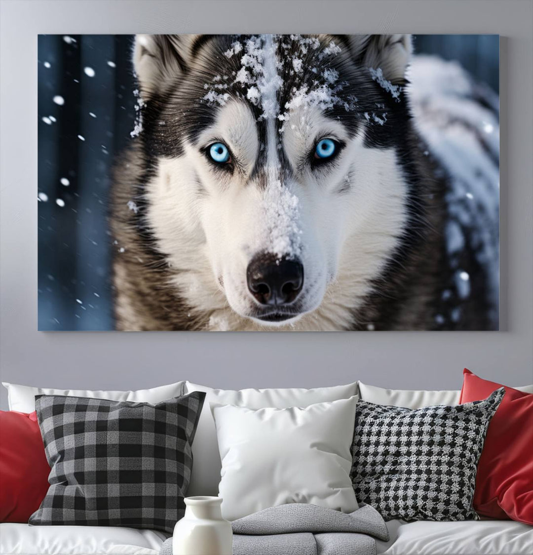 A digital art piece titled "Winter Siberian Husky Wolf Wall Art Canvas Print" showcases a blue-eyed husky blanketed in snow. Printed on high-quality canvas, it is an ideal choice for nature and dog enthusiasts.