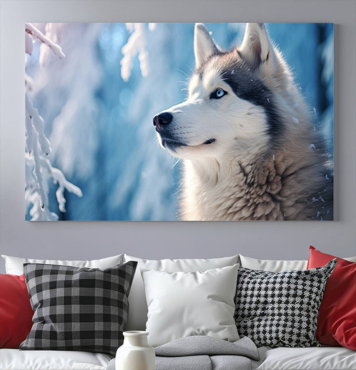 A captivating Winter Siberian Husky Wolf Wall Art Canvas Print hangs prominently.