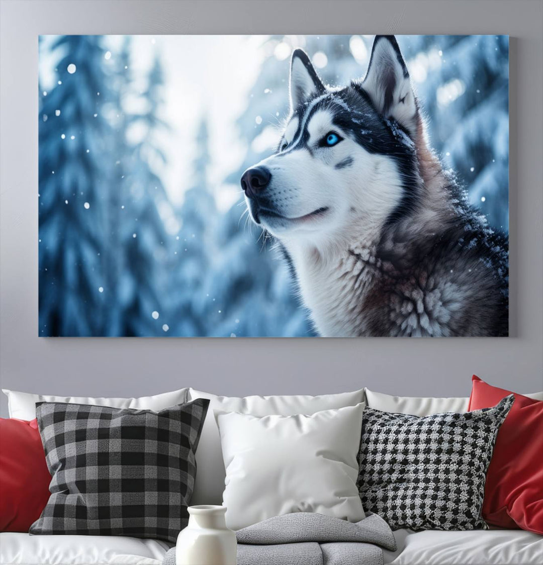 The "Winter Siberian Husky Wolf Wall Art Canvas Print" is elegantly displayed, enhancing the room's cozy ambiance in a snowy forest setting.