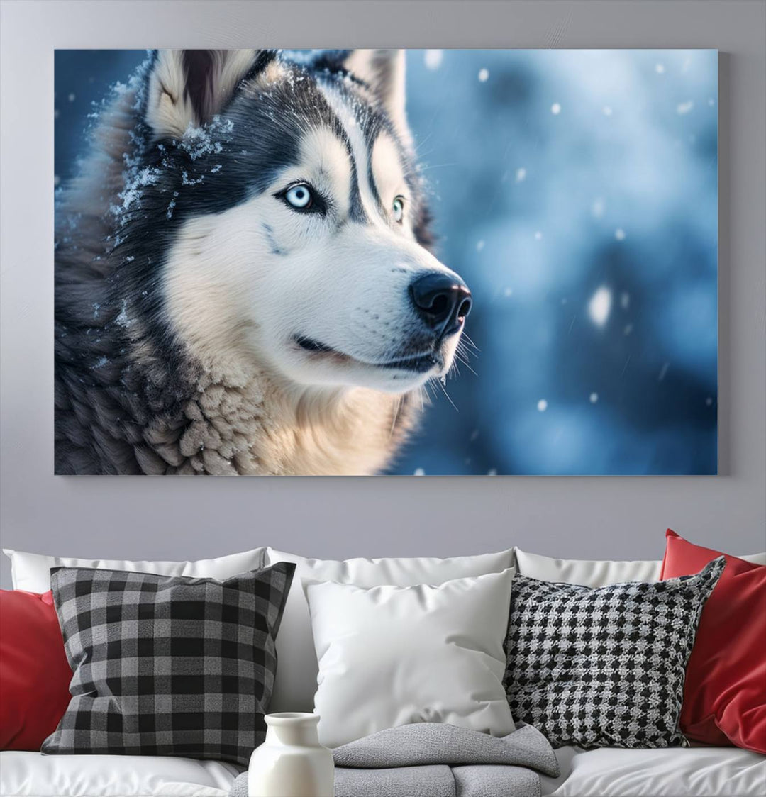 The space above the sofa features the Winter Siberian Husky Wolf Wall Art Canvas Print, creating a stunning snowy scene.