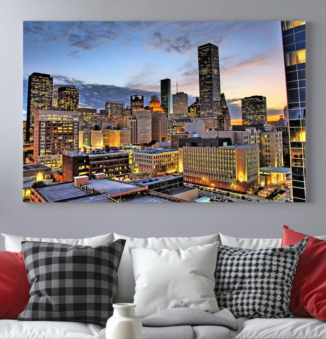 The modern living room features the Houston Wall Art Canvas Print on the wall. This professional craftsman framed masterpiece depicts a cityscape and is created with museum-quality polycotton canvas, ensuring a polished look that enhances its elegant charm.