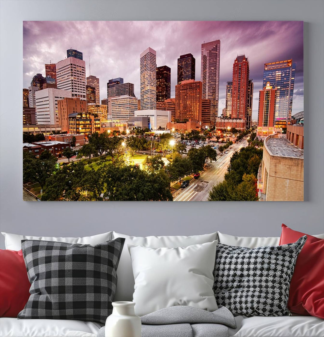 The Houston Wall Art Canvas Print in the living room displays a vibrant city skyline at twilight on museum-quality canvas with UV-protective coating.