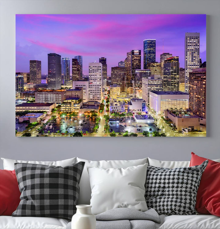 Houston Wall Art Canvas Print showcasing a vibrant cityscape at dusk on museum-quality canvas, expertly crafted by professional craftsmen.