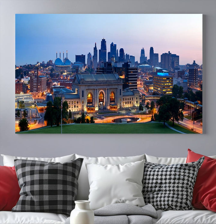 The Kansas City Skyline Canvas Wall Art Print hangs above, showcasing an iconic dusk cityscape with a historic building in the foreground, exuding urban sophistication.