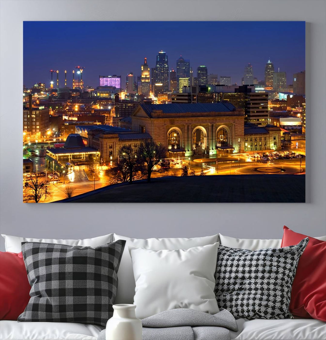 The Kansas City Night Canvas Print Wall Art creates a scene as captivating as museum-quality art, showcasing a city skyline at night with illuminated buildings.