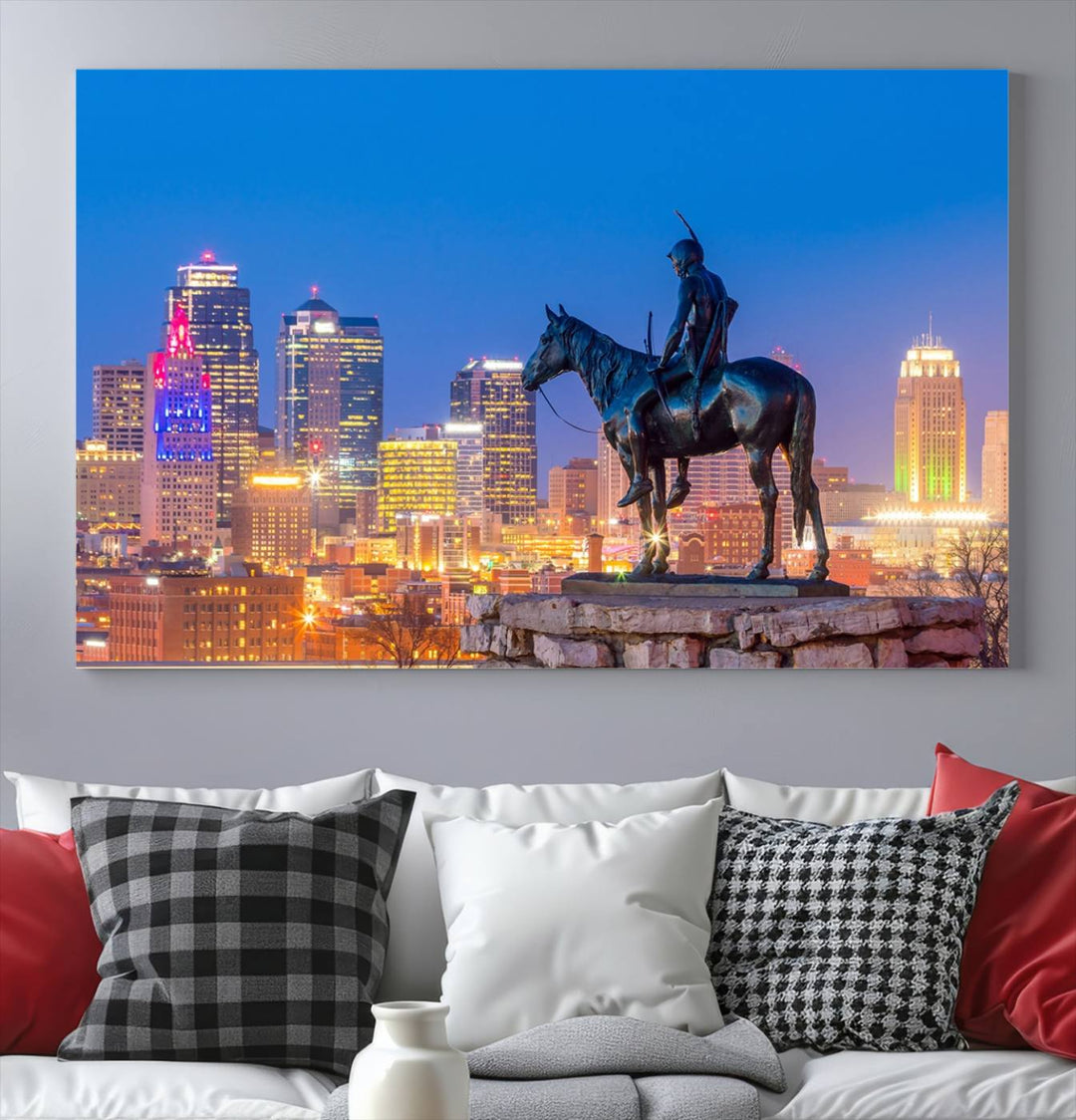 A large Kansas City Night Canvas Print Wall Art adorns the wall, gallery wrapped and finished with a UV-protective coating for lasting vibrancy.