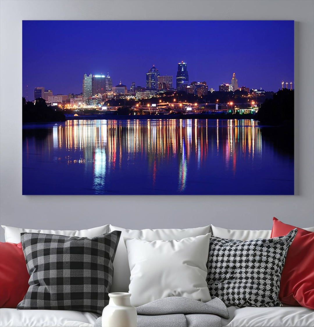 The Kansas City Night Canvas Print Wall Art captures the shimmering city skyline on the calm water, where every detail resembles a museum-quality polycotton masterpiece.