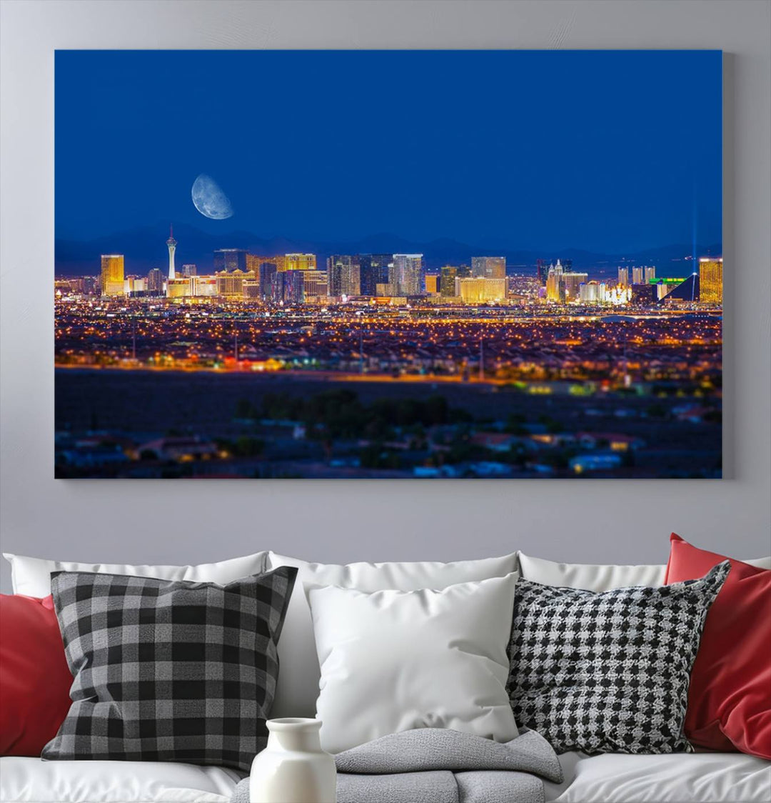 The Las Vegas Wall Art Canvas Print, depicting a city skyline at night, enhances a modern living room with its museum-quality canvas. This triptych comes ready to hang and boasts a UV-protective coating for lasting brilliance.