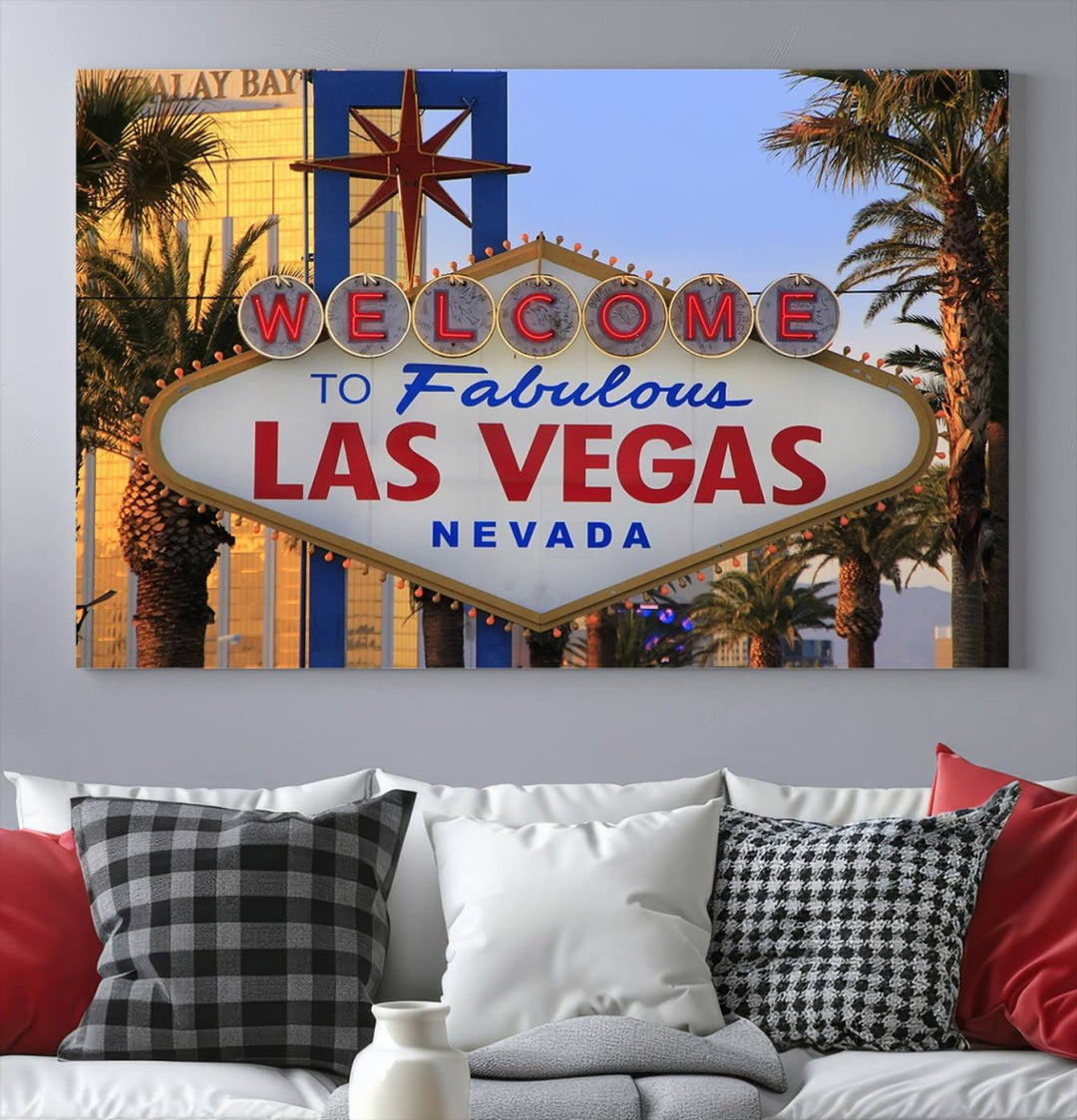 A Las Vegas Wall Art Canvas Print hangs on the wall, showcasing the iconic Welcome to Fabulous Las Vegas, Nevada sign. The museum-quality canvas guarantees vibrant colors with its UV-protective coating and is available with free shipping for added convenience.