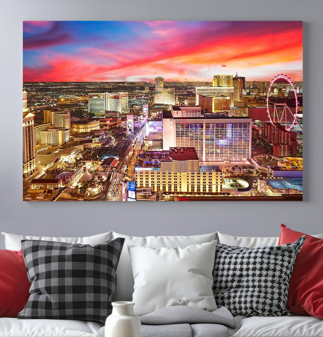 Las Vegas Wall Art Canvas Print depicting a vibrant cityscape at dusk on museum-quality canvas with a UV-protective coating, showcasing a skyline with colorful clouds.