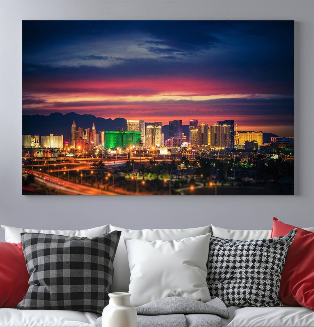 The living room is adorned with the Las Vegas Wall Art Canvas Print, a triptych showcasing a cityscape at sunset. This piece is crafted on museum-quality canvas and protected by a UV-coated finish, highlighting the craftsmanship of a skilled professional.