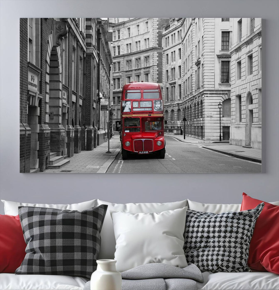 The living room features museum-quality London Red Bus Wall Art, showcasing a split canvas print of a red bus on a black and white city street. This artwork is ready to hang and includes a UV-protective coating to ensure long-lasting vibrance.