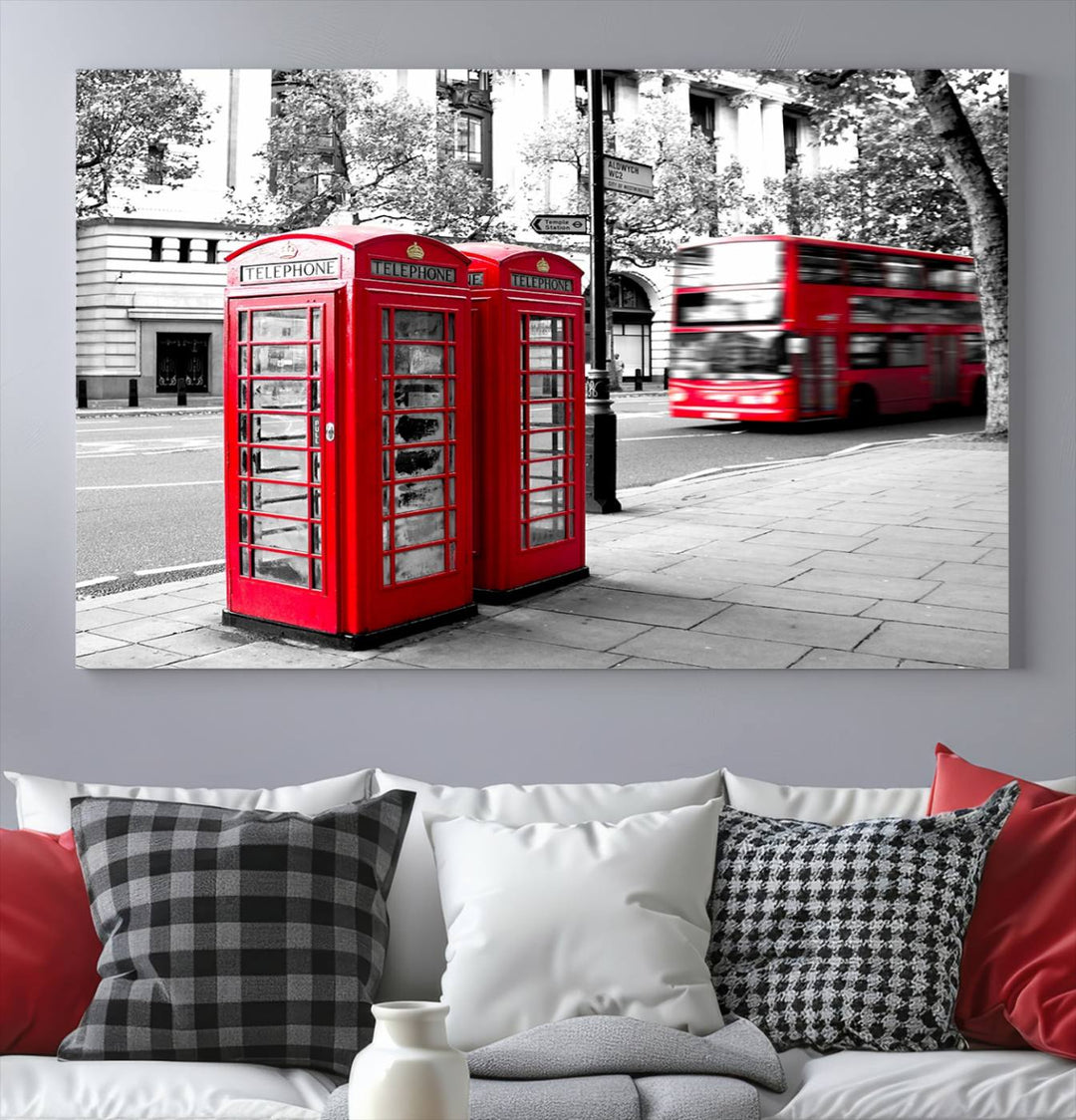 The London Red Bus and Phone Club Wall Art, a vivid night canvas print featuring iconic red buses and phone booths, is elegantly showcased on gallery-wrapped, museum-quality material. With its UV-protective coating, this captivating piece infuses your space with the charm of London.