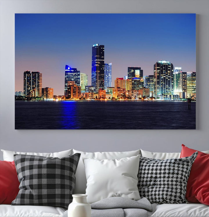 Miami City wall art canvas print showcasing a city skyline at dusk. Crafted on museum-quality canvas and designed to be ready to hang, it offers effortless elegance for your interior decor.