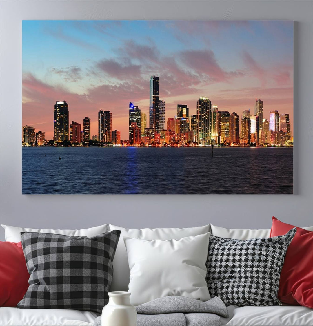 The Wall Art MIAMI Canvas Print emphasizes a vibrant cityscape at sunset. This artwork is presented on museum-quality canvas with gallery-wrapped edges, ensuring it stands out while maintaining its pristine condition for years to come.